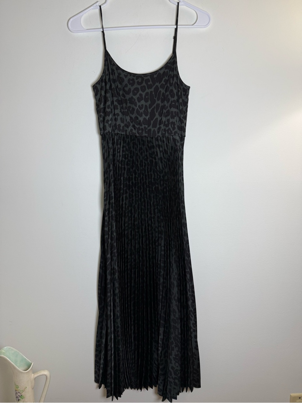 All Saints Black/Khaki Green Leopard-Print Pleated Maxi Dress